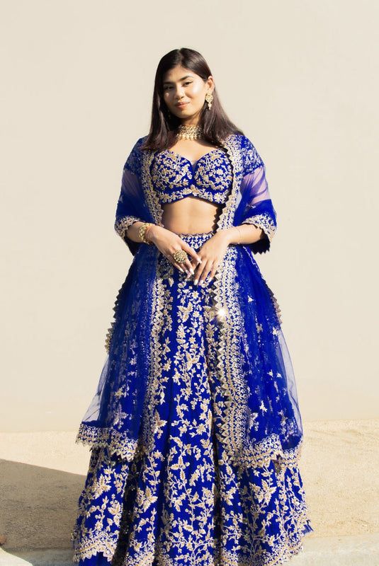 Blue Modern Indian Bridal Outfit: Women's Zari work Lehenga Choli – B Anu Designs Fitted Royal Blue Choli For Saree, Fitted Royal Blue Choli, Royal Blue Fitted Choli With Resham Embroidery, Royal Blue Resham Embroidery Fitted Choli, Fitted Royal Blue Choli With Resham Embroidery, Royal Blue Fitted Choli For Festive Occasions, Fitted Royal Blue Choli For Festive Occasions, Festive Royal Blue Fitted Choli, Royal Blue Fitted Choli With Zari Work