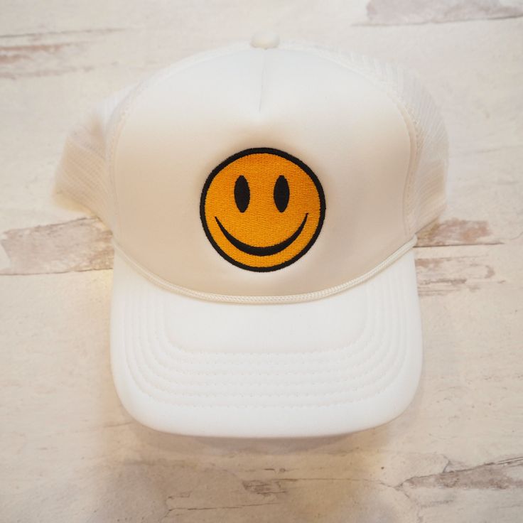 If you are happy and you know it wear your hat. Get one in every color. Free shipping and a free gift with purchase. Casual Smiley Face Hat With Curved Brim, Cute Everyday Baseball Cap, Funny White Hat For Gift, Funny White Hat As Gift, Funny White Hat As A Gift, Trendy Short Brim Hats As Gifts, Funny White Snapback Hat, Funny White Cap Hat, Funny White Cap