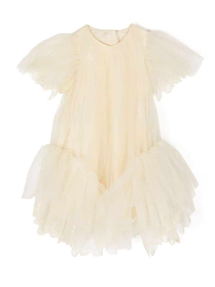 pastel yellow cotton tulle overlay lace trim round neck short sleeves rear button fastening Dress With Jean Jacket, Baby Boy Accessories, Dolce And Gabbana Kids, Kids Collection, Dress Yellow, Pastel Yellow, Stella Mccartney Kids, Girls Party, Flower Girls