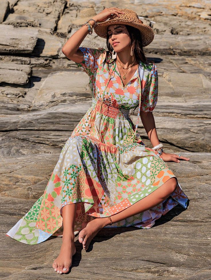 Effortlessly exude bohemian elegance with our Bohemian Bliss dress. Featuring a delicate floral pattern and printed design, this dress is perfect for your next vacation. With its lightweight fabric and comfortable fit, you can enjoy both style and comfort while exploring new destinations. Color : Green Style : Boho Pattern Type : Patchwork Type : A Line Details : Ruffle Hem, Shirred Neckline : V neck Sleeve Length : Short Sleeve Sleeve Type : Puff Sleeve Fit Type : Regular Fit Length : Long Waist Line : High Waist Hem Shaped : Flounce Material : Woven Fabric Composition : 100% Polyester Care Instructions : Machine wash or professional dry clean Sheer : No Fabric : Non-Stretch Size US Shoulder Bust Waist Size Length Sleeve Length Bicep Length Cuff S 4 36 96 62 138 32 36 26 M 6 37 100 66 140 Multicolor V-neck Boho Dress For Garden Party, Spring Boho Print Sundress For Beach Cover-up, Vacation Ditsy Floral Print Maxi Floral Dress, Bohemian Ditsy Floral Print Maxi Dress For Spring, Spring Bohemian Maxi Dress With Ditsy Floral Print, Vacation Maxi Floral Dress With Ditsy Print, Bohemian Maxi Dress With Ditsy Floral Print For Spring, Bohemian Ditsy Floral Maxi Dress For Garden Party, Vacation Floral Dress With Ditsy Print In Maxi Length