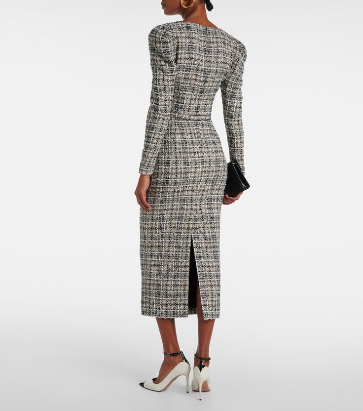 Belted Lurex® tweed midi dress in white - Alessandra Rich | Mytheresa Structured Dresses For Fall, Structured Workwear Dresses For Fall, Spring Evening Wool Dresses, Structured Fall Workwear Dresses, Fall Structured Workwear Dresses, Wool Formal Dresses For Spring, Chic Long Sleeve Tweed Evening Dress, Chic Long Sleeve Tweed Dress For Evening, Spring Evening Long Sleeve Tweed Dress