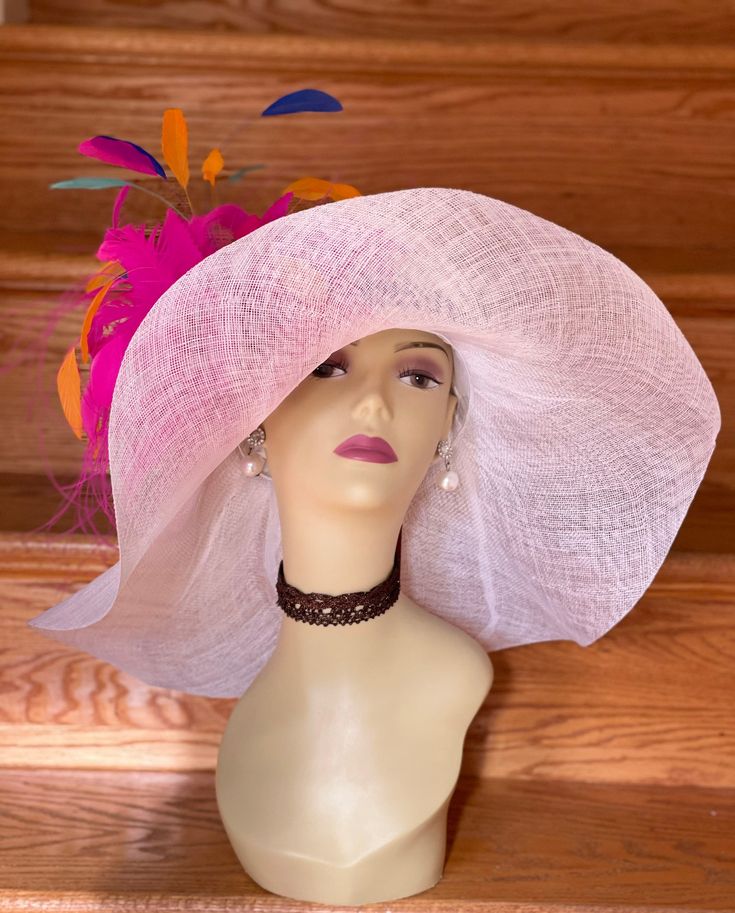 "✿*.Key Features.*✿ This is a wide loopy brim Hat with a big feather flower, fashion, elegant, beautiful. Great for Kentucky derby, weddings, church, Easter, Royal Ascot, horse races, cocktails, tea party, or any hat wearing occasion. Hat base size: From front to back appr: 20.5\" (52cm) From left to right appr: 20.5\" (52cm) Wide brim Appr: 6.5~8\"\" Head girth: 22.5\"(57cm), adjustable string inside to make smaller to fit your head. If you want other colors in this style, just search the same Pink Sun Hat For Wedding, Kentucky Derby, Pink Sun Hat For Kentucky Derby Wedding, Pink Sun Hat For Wedding At Kentucky Derby, Pink Short Brim Sun Hat For Church, Pink Curved Brim Sun Hat For Wedding, Pink High Crown Hat For Kentucky Derby, Pink Wide Brim Wedding Sun Hat, Pink Wide Brim Sun Hat For Wedding, Pink High Crown Hat For Wedding