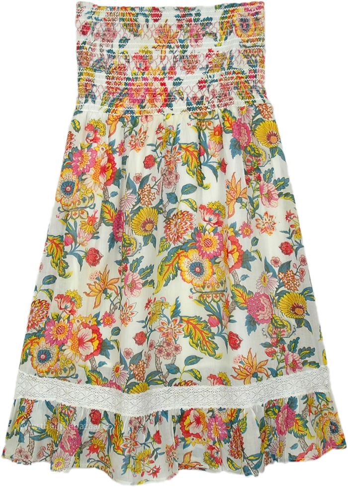 A lovely, bright and fun floral spring-summer short dress, with tube style smocking on the bust or on the waist if worn like a skirt. The flowers print is a full bloom with lace going across the body. #tlb #Sleeveless #beachwrap #Floral #SleevelessBohoDress #ShortSundress Spring Dress With Smocked Bodice, Spring Dress With Smocked Bodice And Skirted Shape, Summer Lace Dresses With Floral Print, Multicolor Floral Dress With Smocked Bodice For Summer, Multicolor Floral Dress With Smocked Bodice For Garden Party, Multicolor Floral Dress For Garden Party, White Floral Dress With Smocked Bodice For Spring, Spring Dress With Elastic Waistband And Tiered Skirt, Spring Daywear Skirted Dress