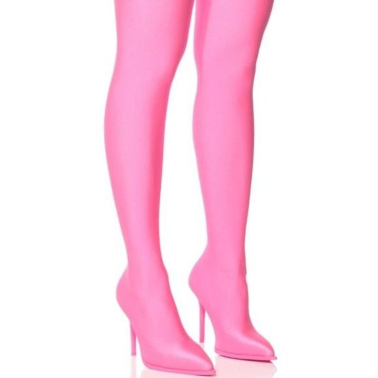 The Stasia Pull-On The Scene: Barbie Pink Shiny Stretch Thigh High Sock Boots Is A Slick, Stretchy Thigh-High Boot That Features An Inner Pump And A Stiletto Heel. Complete With A Pull-On Silhouette And Inner Elastic For A Secure Fit. Fit And Details (Approx. Measured From A Women’s Size 7.5): - Stretch Upper - Thigh High - Stiletto Heel - Pointed Toe - 25” Shaft Height - 4.25” Heel Height - Azalea Wang Pull-On The Scene In These Barbie Pink Shiny Stretch Thigh High Sock Boots Now. Pink Thigh High Tights, Pink Fitted Thigh-high Legwear, Spring Knee-high Tights, Thigh High Stockings For Party, Trendy Fitted Thigh High Stockings, Party Thigh-high Stockings, Fitted Thigh-high Heeled Boots, Fitted Pink Hosiery For Party, Pink Thigh High Tights For Party