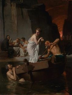 a painting of a woman in a boat surrounded by other people