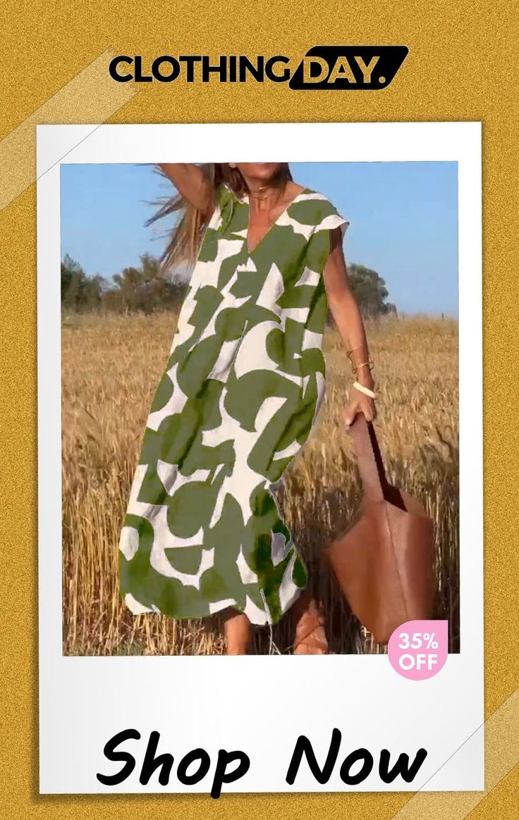 Dress with Print and V-neck Casual Green V-neck Dress, Green V-neck Shift Maxi Dress, Green V-neck Dress For Fall, Casual Green V-neck Dress For Spring, Fall V-neck Shift Maxi Dress, Chic Green V-neck Dress, Green Casual V-neck Dress, Green V-neck Casual Dress, Casual Green V-neck Dress For Fall