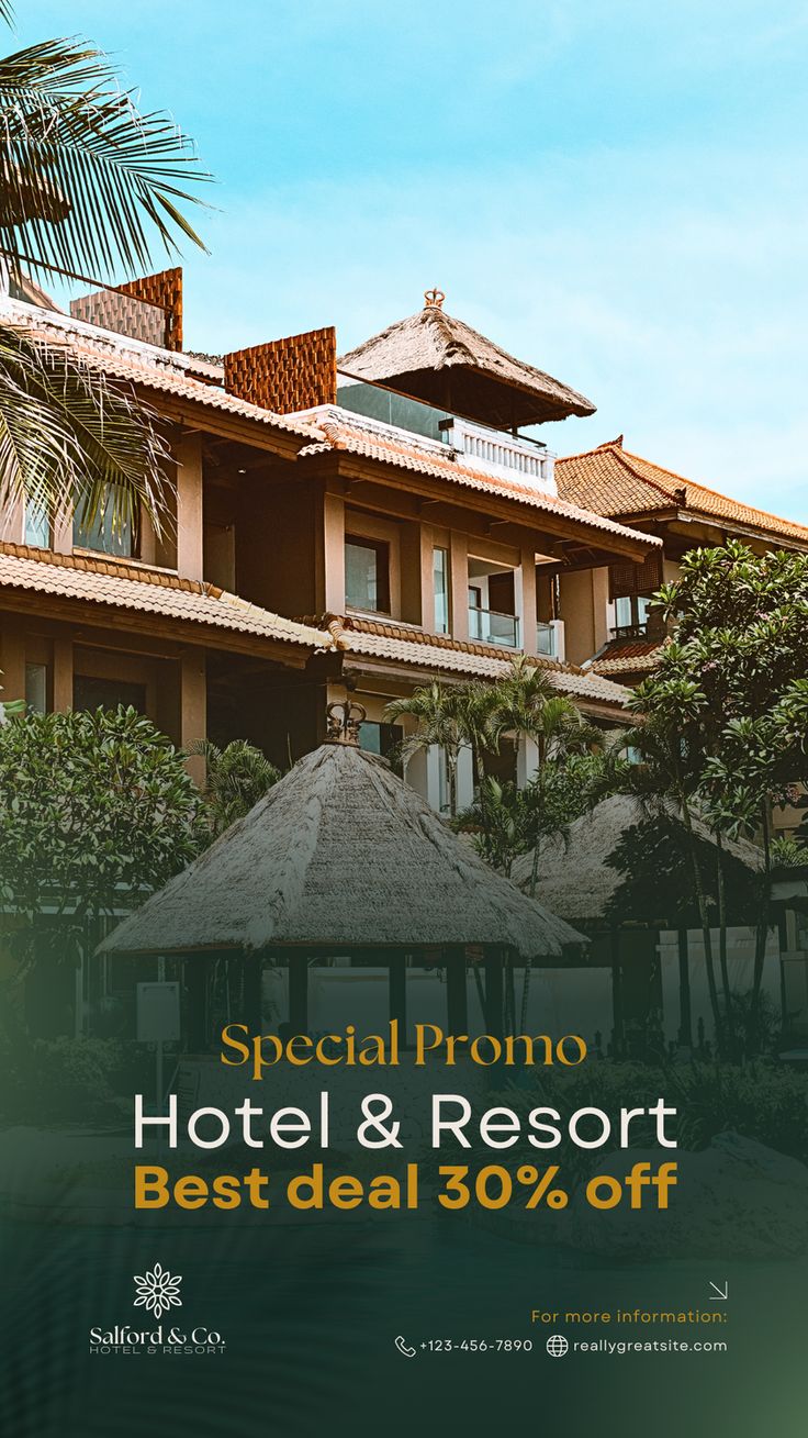 an advertisement for hotel and resort best deal 30 % off with palm trees in the background