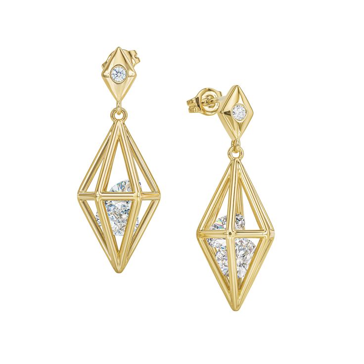 Breathtaking radiance in a captivating design! Indulge in the luxury of a matching set of 14kt gold-plated earrings and pendant, fashioned with classically designed diamond-shaped cages, symbolizing balance and harmony. Twinkling within each cage are two shimmering Diamonisse simulated diamonds that dance with light at the slightest motion.The pierced earrings are each crowned with an additional Diamonisse as the perfect finishing touch. Our Diamonisse simulated diamonds rival the brilliance of Elegant Jewelry With Iconic Design For Gifts, Elegant Jewelry With Iconic Design As Gift, Elegant Iconic Design Jewelry For Gifts, Elegant Yellow Gold Diamond-shaped Earrings, Elegant Gold Diamond-shaped Diamond Earrings, Diamond-shaped Earrings With Diamond Accents For Gift, Elegant Diamond-shaped Jewelry With Matching Earrings, Gift Diamond-shaped Earrings With Diamond Accents, Diamond-shaped Pierced Jewelry Gift