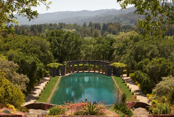 an outdoor swimming pool surrounded by trees and shrubs with a bridge over it in the middle