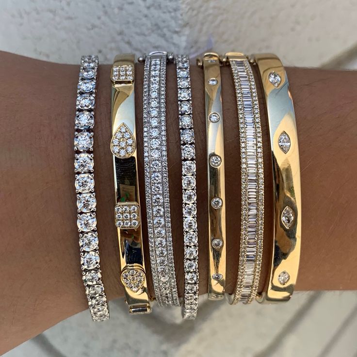 Diamond Bracelet Stack, Big Bracelets, Wrist Stack, Stacked Bracelets, Diamond Bangles, Diamond Bangle Bracelet, Moroccan Jewelry, Diamond Bangles Bracelet, Jewelry Accessories Ideas