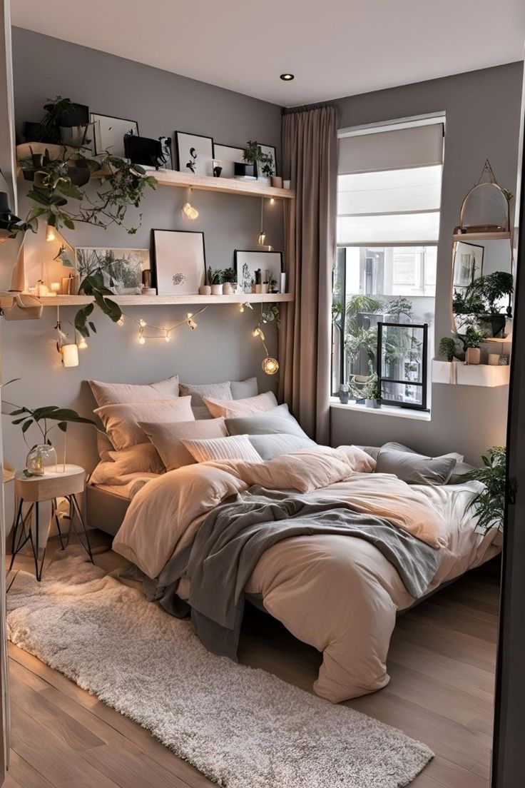 a bed sitting in a bedroom next to a window with lights on the wall above it