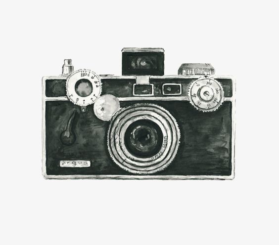 a black and white drawing of an old camera with the words watercolor illustrations by robin wiskus