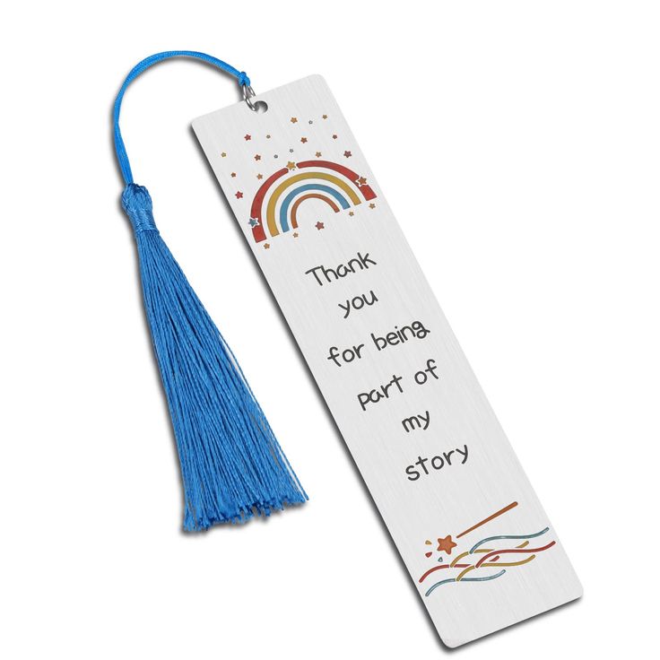 a bookmark with a blue tassel on it that says thank you for being part of my story