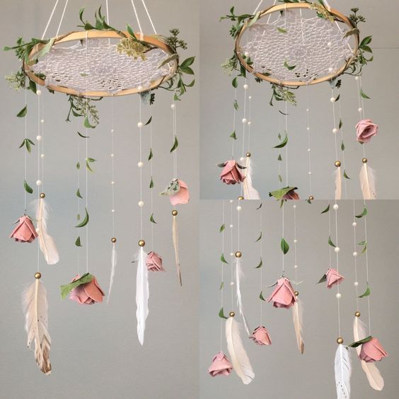 two pictures of flowers and feathers hanging from the ceiling