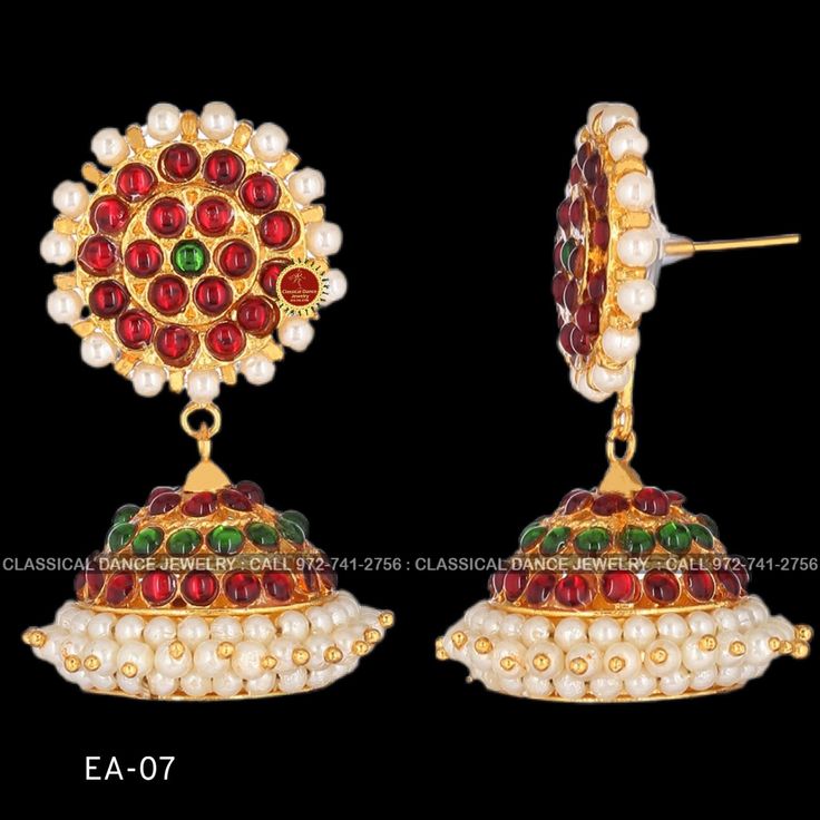 Design by Classical Dance Jewelry® ❥ Colorful and Designer traditional big pearl top and big butta or Jhumka Kemp temple Indian Jewelry Earrings in Red and Green stones ❥ Model no: EA-07 ❥ Age : 5 yrs and up ❥ You Can wear this set especially for Bharatnatyam And Kuchipudi Dance Performances and in Parties, Engagement, Weddings, Birthdays. ❥ Handmade Indian Item. Set includes ☛ Earrings pair PLEASE NOTE ❥ ALL SALES ARE FINAL ✅ ❥ No Return/ No Exchange / No Cancellation! ❥ It's handmade item so t Temple Jewelry Jhumkas For Wedding Festivals, Red Jhumkas For Ceremonial Use During Diwali, Round Temple Jewelry Jhumkas For Ceremonial Occasions, Navratri Ceremonial Round Jhumkas, Ceremonial Round Jhumkas For Navratri, Round Jhumkas For Navratri Ceremonial, Ceremonial Jhumkas For Navratri, Traditional Heavy Jhumkas For Festivals, Heavy Traditional Jhumkas For Festivals