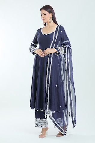 Navy blue chanderi anarkali with contrasting embroidery detailing on the neckline and sleeves. Comes with an intricate embroidered pant and embroidered organza dupatta. - Aza Fashions Cotton Silk Anarkali Set With Embroidered Border, Designer Blue Palazzo Set With Embroidered Border, Festive Cotton Silk Anarkali Set With Embroidered Border, Blue Embroidered Palazzo Set For Designer Outfits, Chanderi Anarkali Set With Embroidered Border, Blue Cotton Silk Salwar Kameez With Embroidered Border, Anarkali Cotton Silk Kurta With Embroidered Border, Blue Palazzo Set With Embroidered Border For Navratri, Blue Anarkali Set With Embroidered Border