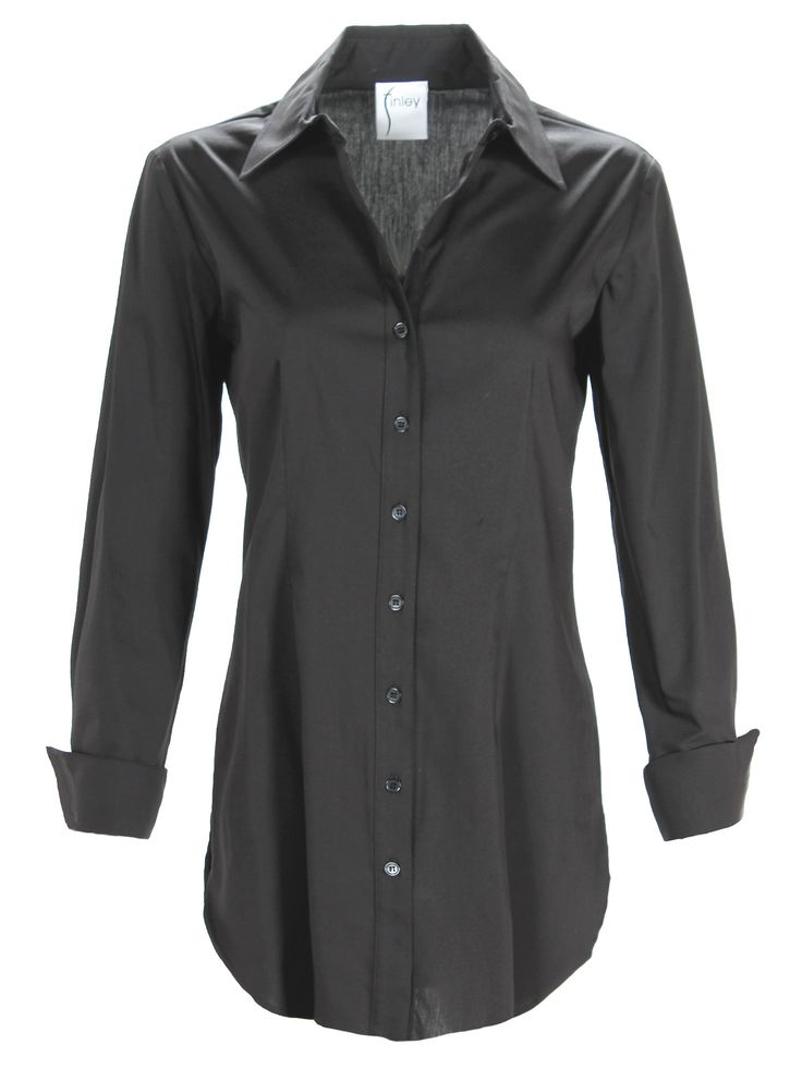 Our "Kaylynn Tunic" is a women's black button up tunic shirt that's crisp and tailored, perfect belted or not. View more like this in our collection of basic tailored shirts & blouses for women. Button front, shirt-tail hem, faux French turn-back cuff 60% Cotton / 35% Polyester / 5% Spandex Semi-fitted shape Hand wash, hang dry, warm iron. Made in USA Style # 1774075 Classic Button-up Shirt Dress For Formal Occasions, Classic Fitted Blouse For Business Casual, Timeless Fitted Blouse For Work, Timeless Button-up Blouse For Business Casual, Classic Collared Shirt Dress For Business, Modern Business Casual Blouse For Fall, Fitted Classic Blouse With Covered Buttons, Solid Color Blouse With Button Cuffs For Business Casual, Fitted Blouse With Button Cuffs For Work