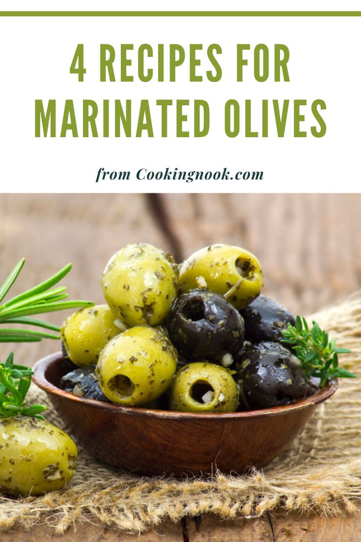 olives in a wooden bowl with the title 4 recipes for marinated olives