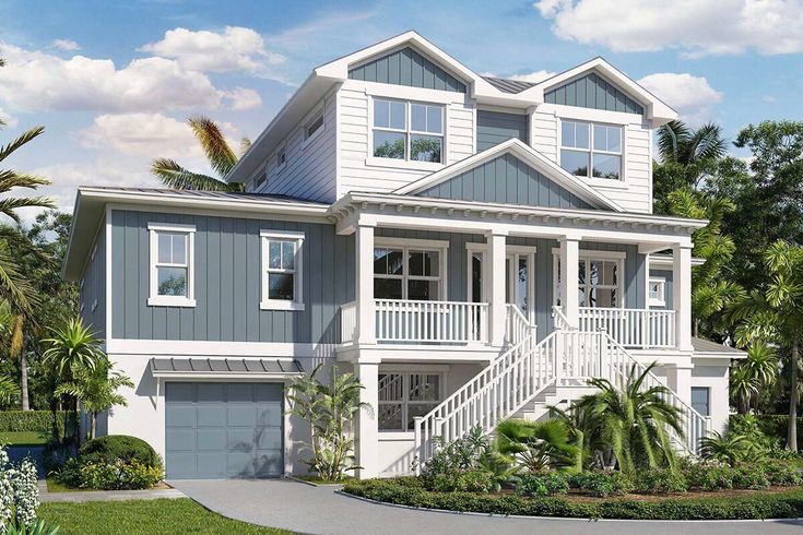 this is an artist's rendering of the front elevation of these coastal house plans