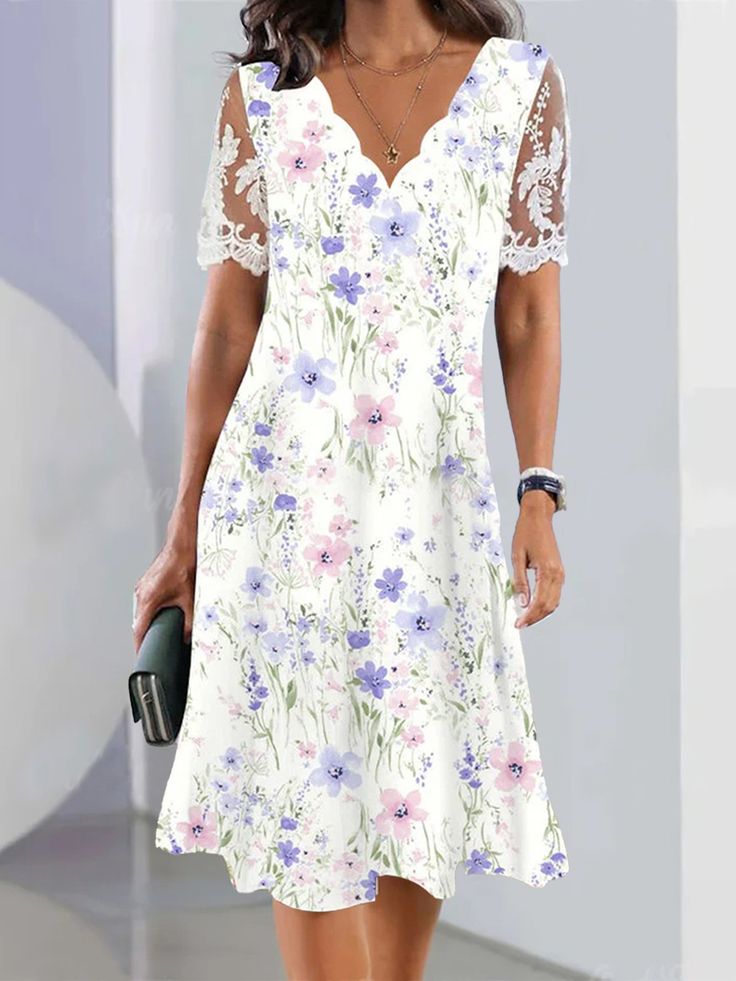 This Women's Modest Summer Dress is adored for its dignified and elegant design. It features a floral print that exudes the vibrancy and vitality of summer. The exquisite lace detailing adds a touch of elegance, making this dress suitable for a variety of occasions, be it casual everyday wear or formal events. The length of the dress is midi, maintaining modesty while still being fashionable. All in all, this is a summer dress that combines aesthetics and practicality. Mode Prints, Modest Summer Dresses, Dress Name, Womens Knit Dresses, Vintage Floral Dress, Retro Mode, Linnet, White Floral Dress, Vestido Casual