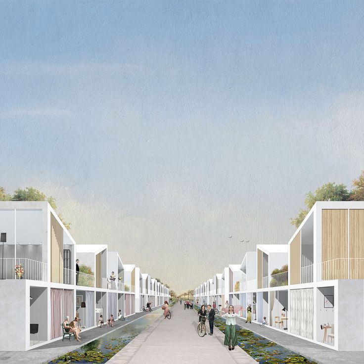 an artist's rendering of a street lined with apartment buildings and people on bicycles