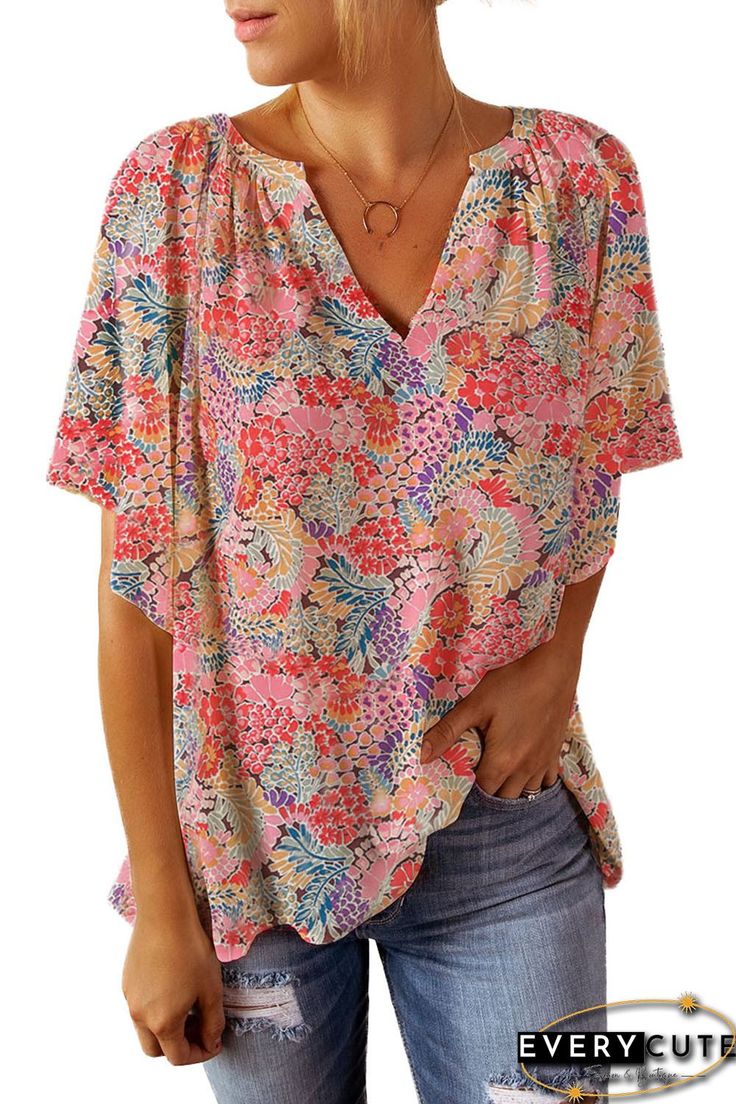 Multicolor Notch V Neck Gorgeous Floral Blouse, Women Tops,Blouses & Shirts Chic Multicolor Print V-neck Blouse, Chic Floral Print Top With Split Neck, Multicolor Floral Print V-neck Blouse, Summer Split Neck Pink Blouse, Summer Multicolor Split Neck Tops, Multicolor Split Neck Summer Top, Multicolor Split Neck Top For Summer, Summer Floral Print Blouse With Split Neck, Summer Floral Print Split Neck Blouse