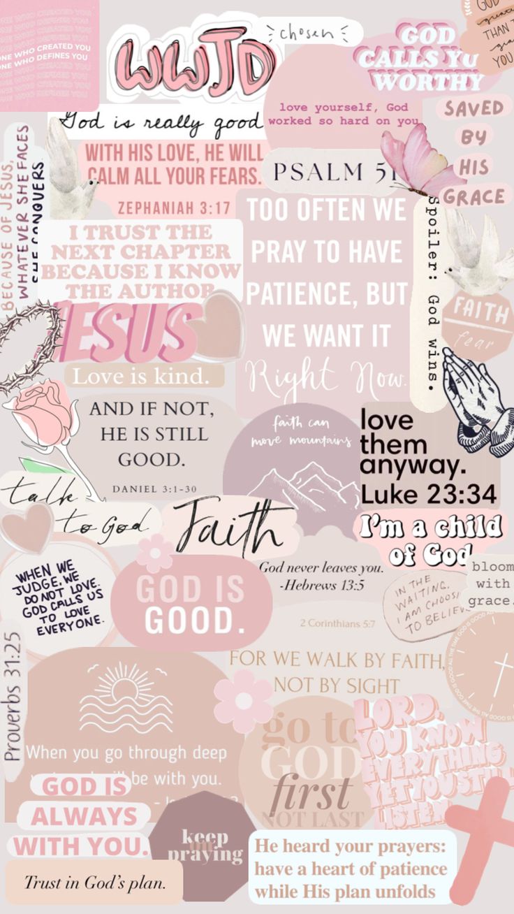 a collage of pink and white images with words in different languages, including the word god