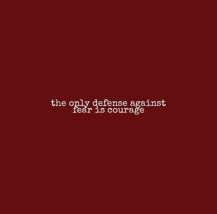 the only defense against fear is courage text on a dark red background with white lettering