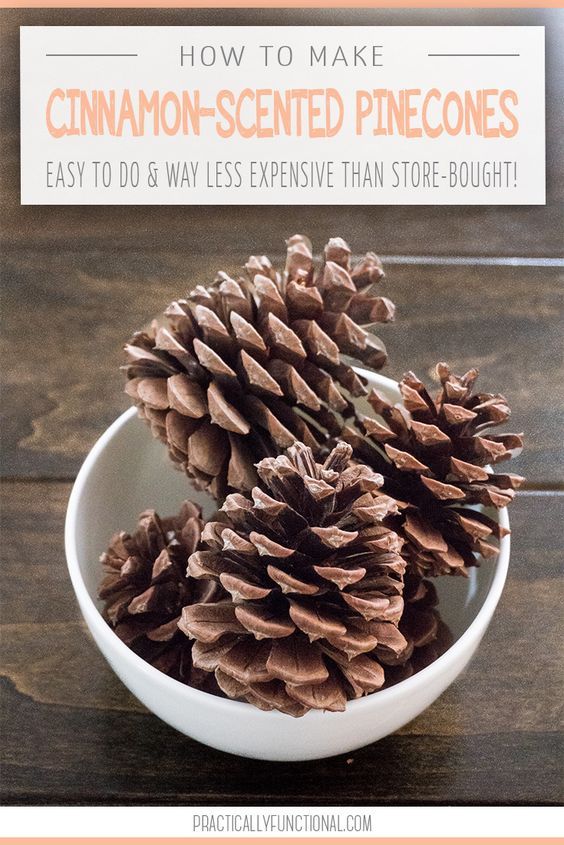 a white bowl filled with pine cones on top of a wooden table next to a sign that says how to make cinnamon - scented pine cones easy to do 8 ways