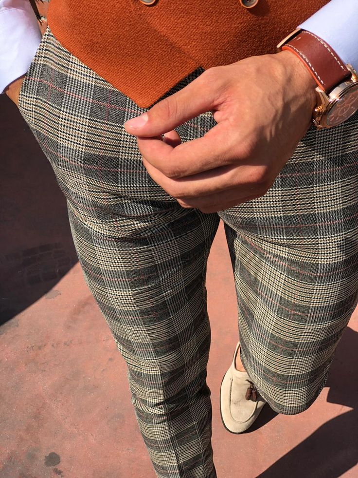 Carlos Slim-fit Plaid Fabric Pants Camel-baagr.myshopify.com-Pants-BOJONI Camel Pants, Fabric Pants, Trendy Shoes Sneakers, Men Spring, Fender American, Pants For Men, Plaid Fabric, Camel Color, Slim Fit Pants