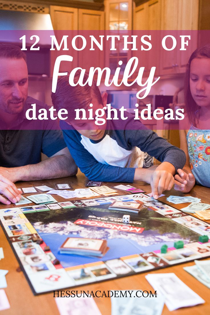 two adults and one child playing a game with the text 12 months of family date night ideas