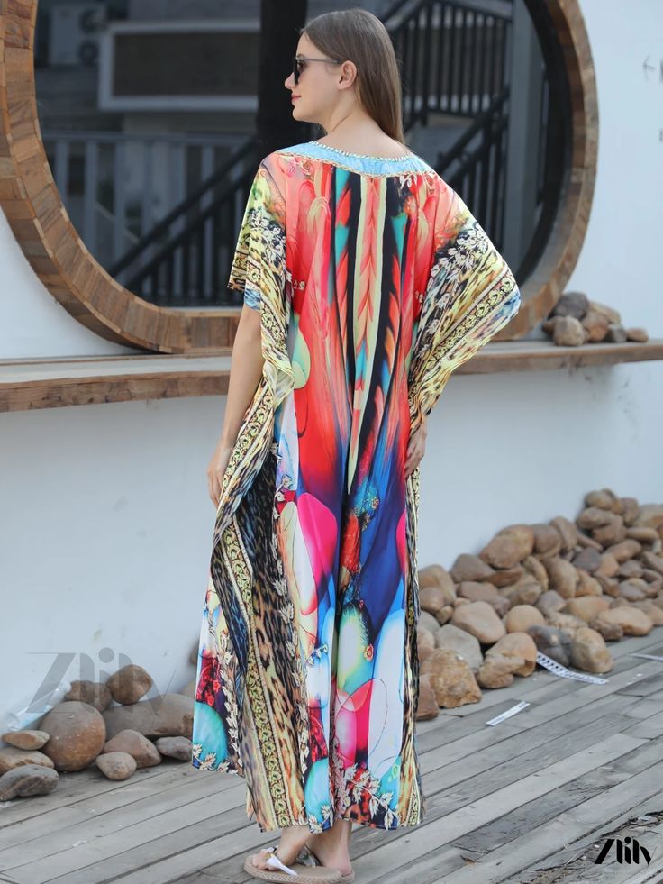 Zlily - Stylish Plus Size Boho Cover Up: Womens Graphic Print Bat Sleeve V Neck Split Hem Maxi Dress with Slight Stretch for a Flattering Fit Multicolor Long Free Size Beach Dress, Long Multicolor Beach Dress For Spring, Summer Multicolor Tunic Maxi Dress, Multicolor Tunic Maxi Dress For Summer, Summer Multicolor Print Long Maxi Dress, Sleeveless Multicolor Kaftan For Summer, Multicolor Free Size Tunic Beach Dress, Summer Tunic Dress With Colorful Pattern, Multicolor Casual Tunic Beach Dress