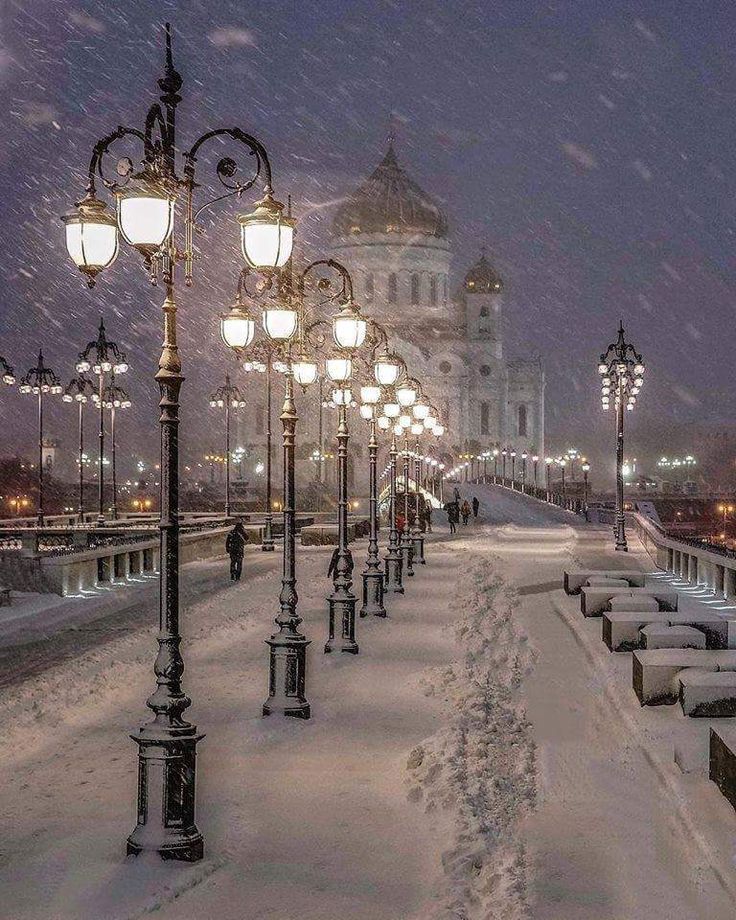 a snowy night in the city with street lights and benches