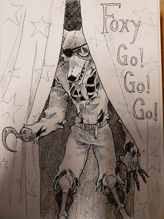 a drawing of a man holding a wrench in his right hand and the words foxy go, go, go written on it