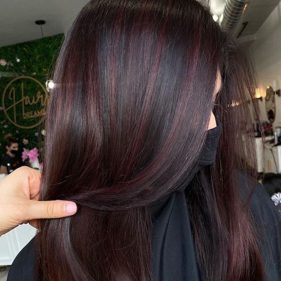 Red Highlights In Brown Hair, Red Balayage Hair, Highlights For Dark Brown Hair, Purple Balayage, Red Hair With Highlights, Highlights Curly, Black Red Hair, Haircut Inspo, Dark Brunette Hair