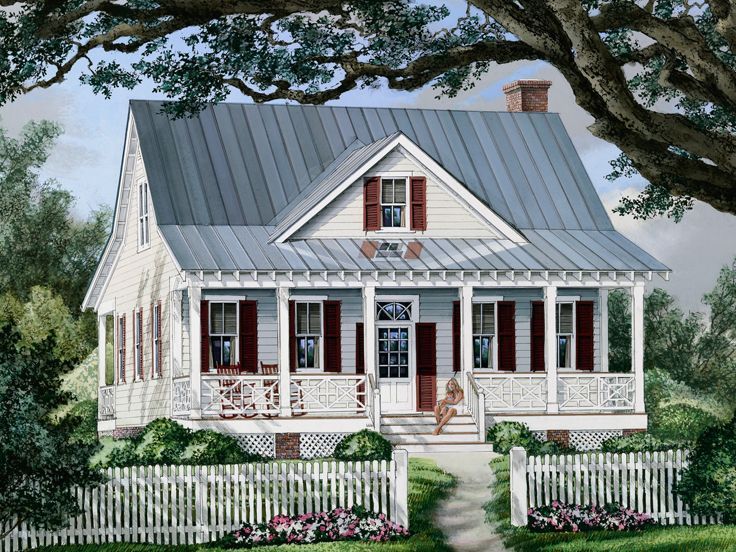 a painting of a white house with red shutters on the front door and porch