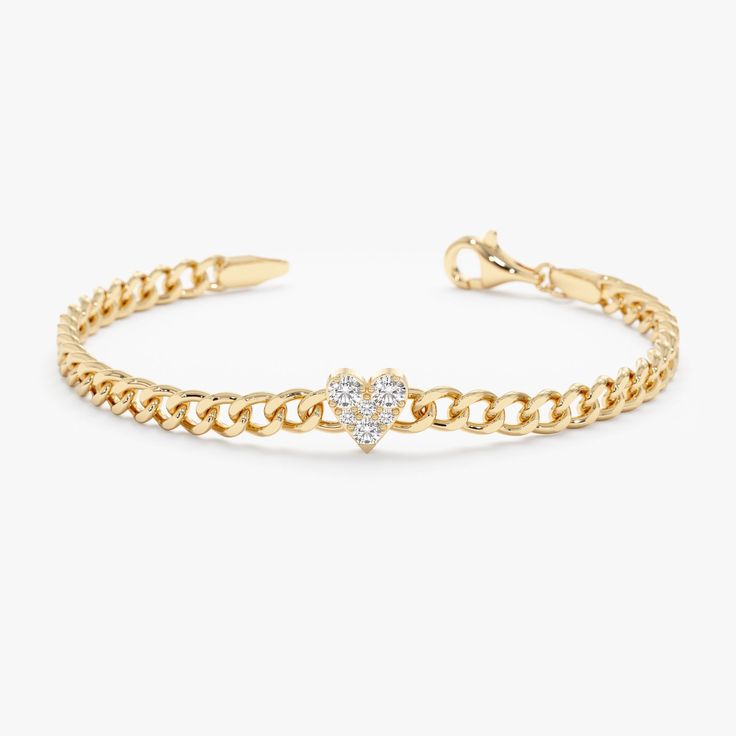 Add a touch of luxury and timeless romance to your wrist with the Diamond Heart 14k Solid Gold Cuban Chain Bracelet. This stunning piece showcases a classic Cuban link chain, meticulously crafted from high-quality 14k solid gold. The centerpiece of the bracelet is a beautiful heart charm, adorned with sparkling diamonds for a touch of sophisticated sparkle. - Handmade - Solid Gold - Natural Diamond  - G Color, SI Quality Diamonds - Total Diamond Carat Weight: 0.25 ctw - Dimensions of Heart: 6.5 mm - Size of the chain: 4 mm 🛠 Your Sarah Elise piece is handcrafted with care! Ready-to-ship items go out within 3 business days. Made-to-order pieces typically take 7-10 business days to create. If you need something sooner, please contact us - we'll see if we can make it happen! For estimated sh Diamond Evil Eye Bracelet, Memory Ring, Cuban Chain Bracelet, Gold Cuban Link Chain, Solid Gold Bracelet, Diamond Evil Eye, Diamond Eyes, Diamond Carat, Evil Eye Charm