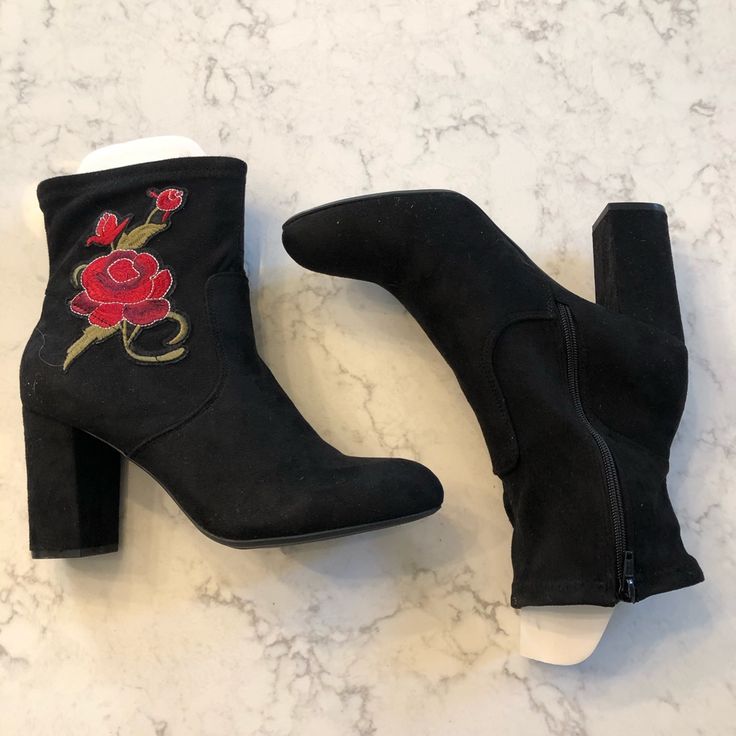 Pre-Owned, But, Never Worn. Black Suede, With Stretchy Ankle Area & Lower Suede. Embroidered Red Rose Emblem On Side. 3.5” Heel Casual Black Booties With Block Heel, Casual High Ankle Fitted Booties, Fitted Casual Winter Booties, Casual Fitted Winter Booties, Casual Fitted Ankle Booties, Casual Black Block Heel Booties, Black Round Toe Booties For Spring, Black Suede Boots For Spring, Spring Black Booties With Medium Width