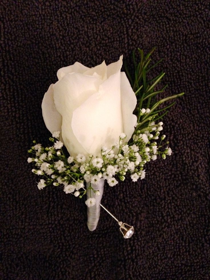 a white rose and baby's breath boutonniere on a black background