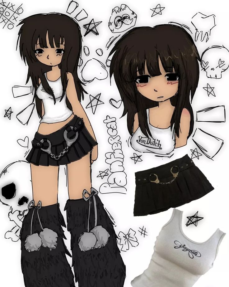 Y2k Anime Outfits, Art Outfits Drawing Y2k, Scene Outfits Drawing, Drawings Ideas Y2k, Kuromi Drawing Human, Y2k Outfits Drawing, Dibujos Y2k, Easy Pencil Drawing, Pastel Goth Art