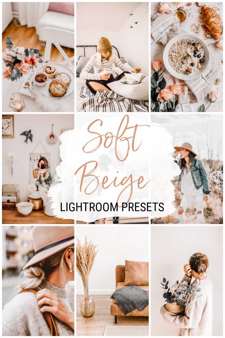 a collage of photos with the words soft beige lightroom presets