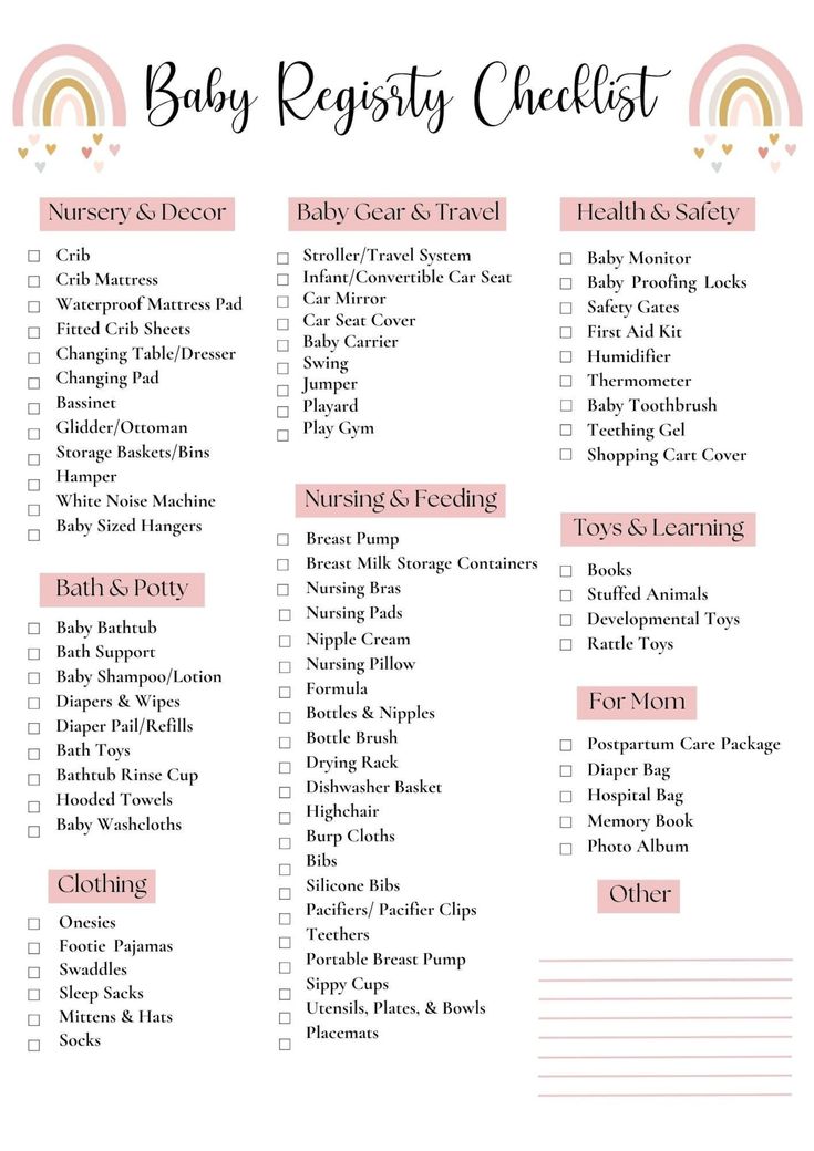 the baby registry checklist is shown in pink and white