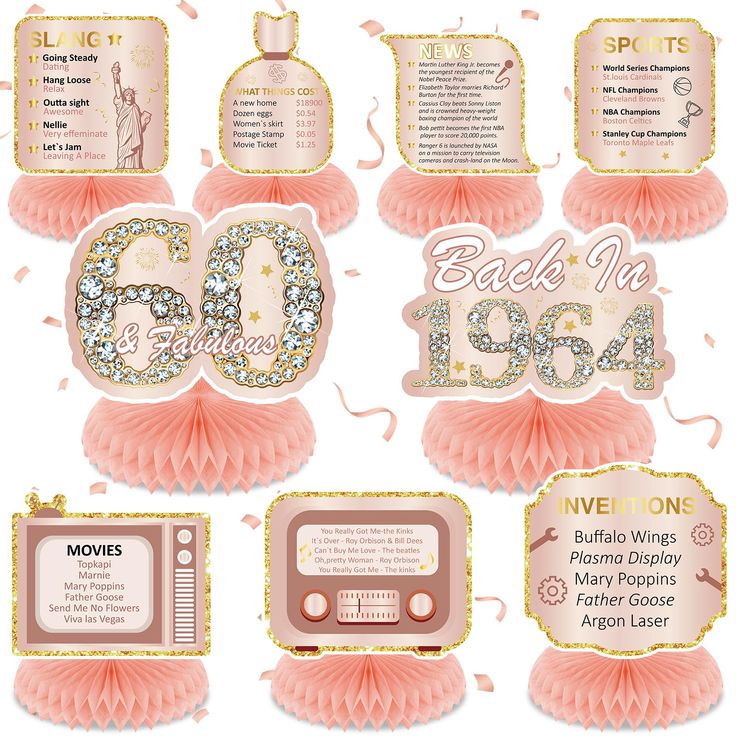 the 50th birthday party decorations are shown in pink and gold, including an old fashioned radio