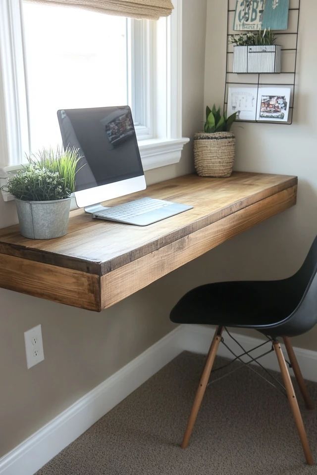 a wooden desk with a computer on it and a plant in a pot next to it