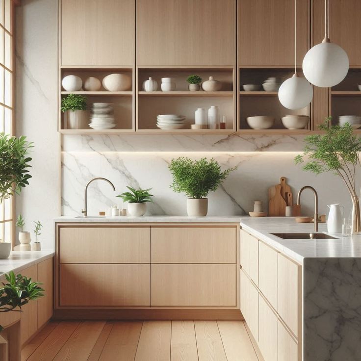 a kitchen with wooden cabinets and marble counter tops, potted plants on the shelves