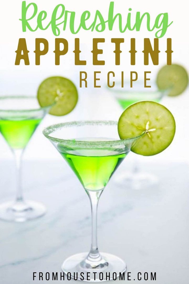 two martini glasses filled with green liquid and sliced cucumber on the rim, text reads refreshing appletin recipe