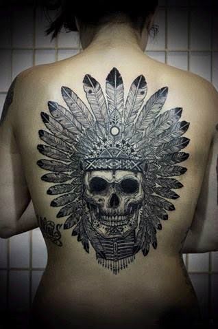 the back of a woman's body with a skull and feathers tattoo on it