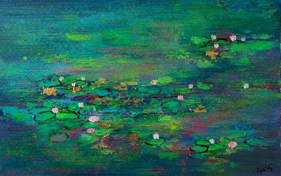 an abstract painting of water lilies on a blue background with green and pink colors