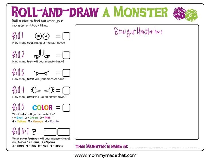 a printable monster roll and draw activity for kids to learn how to use it