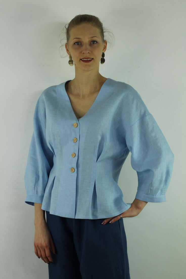 "Write the selected color in the message Handmade sky blue V neck linen blouse with front buttons and long sleeves, perfect for casual wear and suitable for any occasion in any season Details: - 100% natural linen produced in Europe ; - medium weight (180 gram per square meter); - color: sky blue, could be any from our colors catalog (color samples at the photo); Made to order, approximately a few days, If you have any questions please message me and I will be glad to answer. Size guide : Size X Linen Apron Pinafore, Color Catalog, Summer Linen Dresses, Linen Casual, Summer Linen, Skirt And Blouse, Linen Blouse, Blue V, Casual Skirts